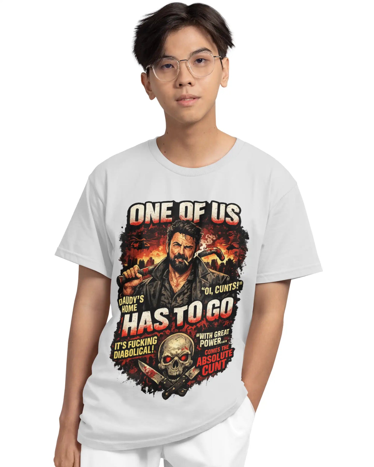 Man wearing white plus size t-shirt with Billy Butcher graphic design from The Boys, lifestyle view for comfortable fit.