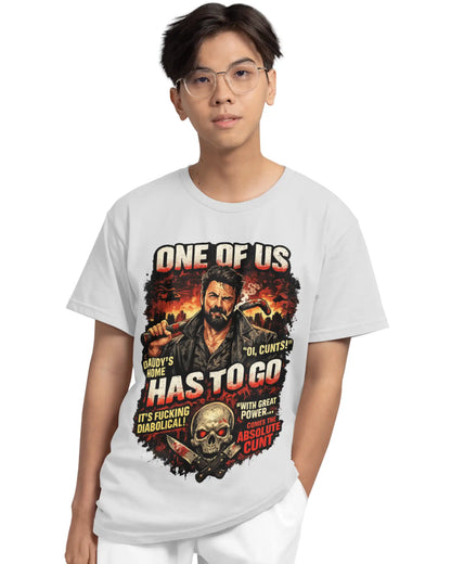 Man wearing white plus size t-shirt with Billy Butcher graphic design from The Boys, lifestyle view for comfortable fit.