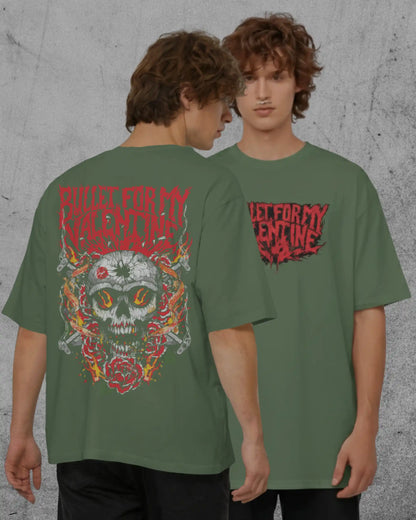 Bullet For My Valentine oversized olive green rock band t-shirt 240 GSM heavy metal graphic tee front and back