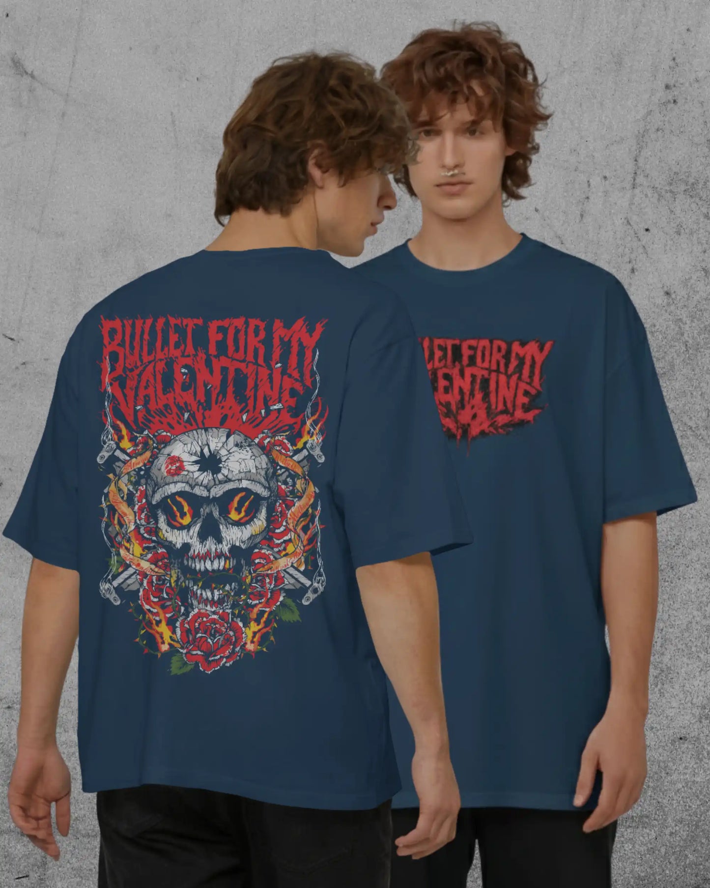 Bullet For My Valentine oversized navy blue rock band t-shirt 240 GSM heavy metal graphic tee front and back
