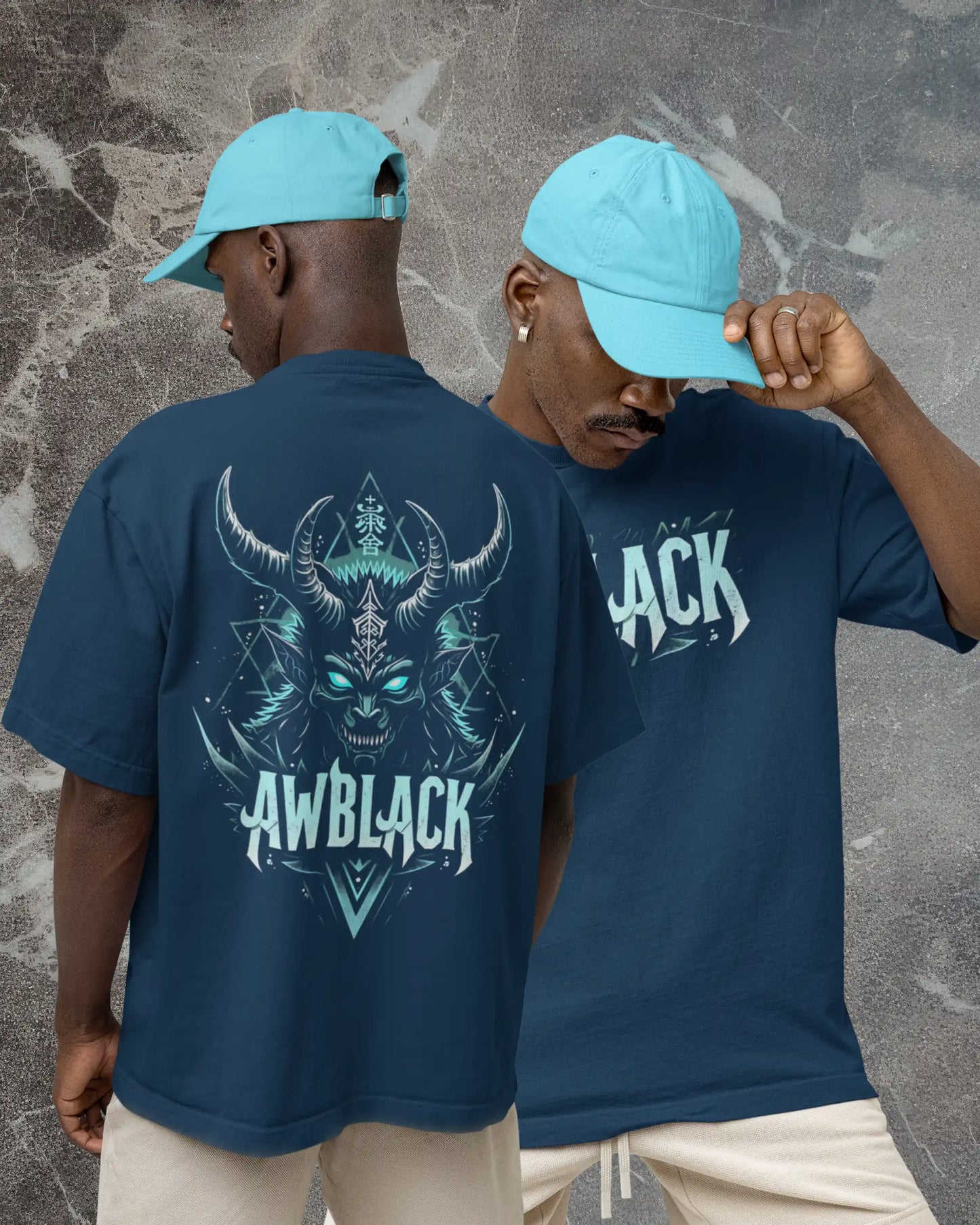 AWBlack demon horn graphic plus size tshirt in navy blue oversized fit – 240 GSM