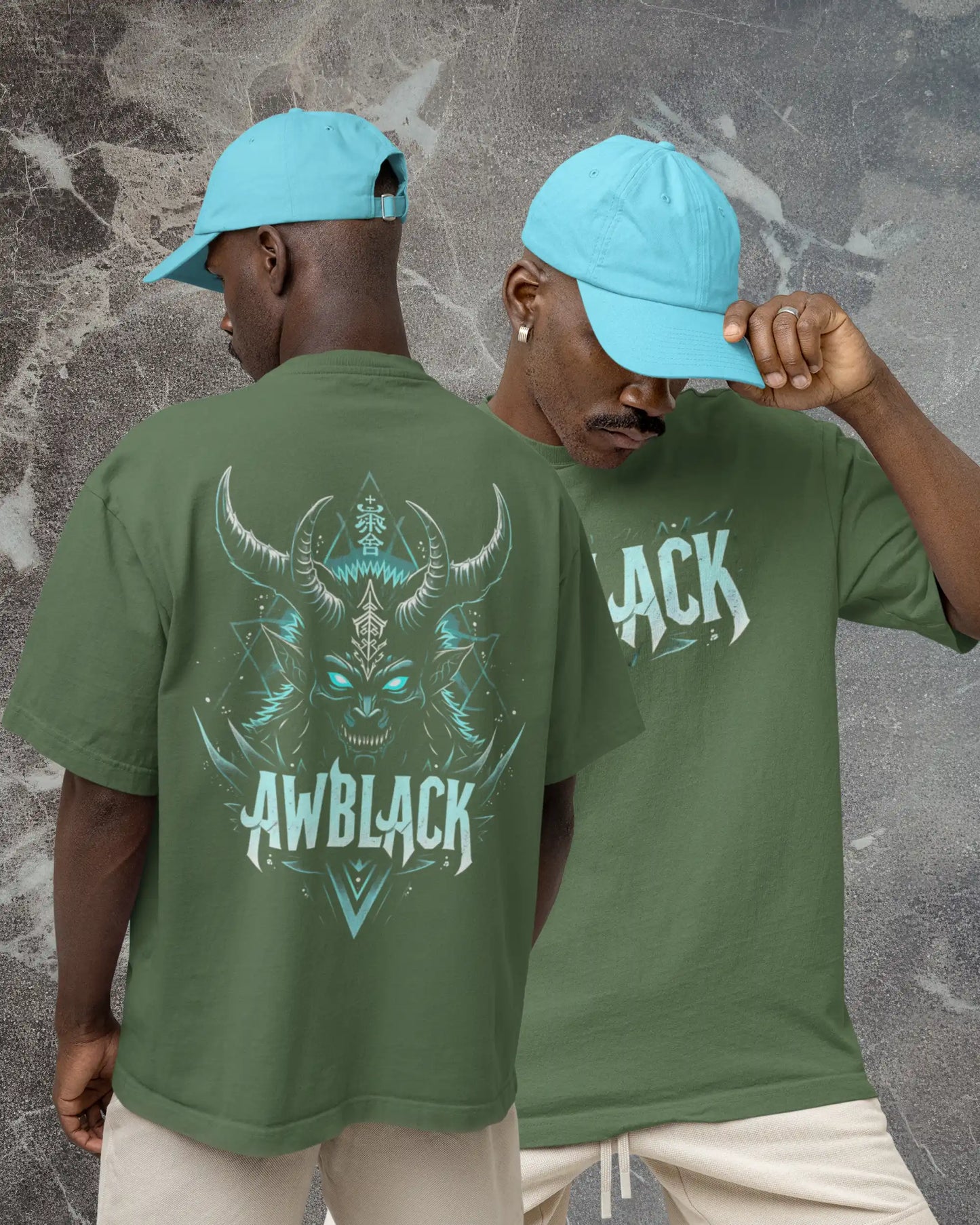 AWBlack demon horn graphic plus size tshirt in olive green oversized fit – 240 GSM