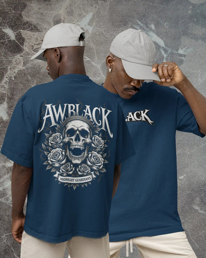 Gothic Skull Rose Oversized T-Shirt (240 GSM Cotton) – Midnight Guardian Back Print