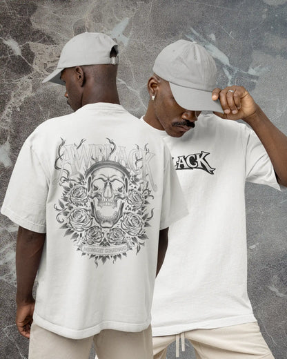 Gothic Skull Rose Oversized T-Shirt (240 GSM Cotton) – Midnight Guardian Back Print