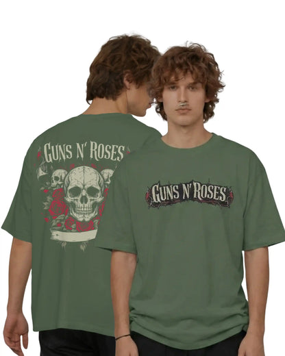 AWBlack Guns N Roses olive green oversized t shirt 240 GSM rock band graphic tee front and back design