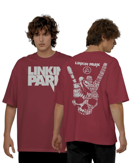 Linkin Park maroon oversized rock band t shirt 240 GSM heavyweight cotton front and back graphic AWBlack