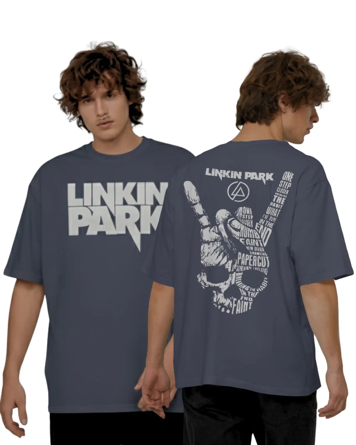 Linkin Park navy blue oversized rock band t shirt 240 GSM heavyweight cotton front and back graphic AWBlack