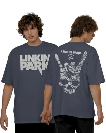 Linkin Park navy blue oversized rock band t shirt 240 GSM heavyweight cotton front and back graphic AWBlack