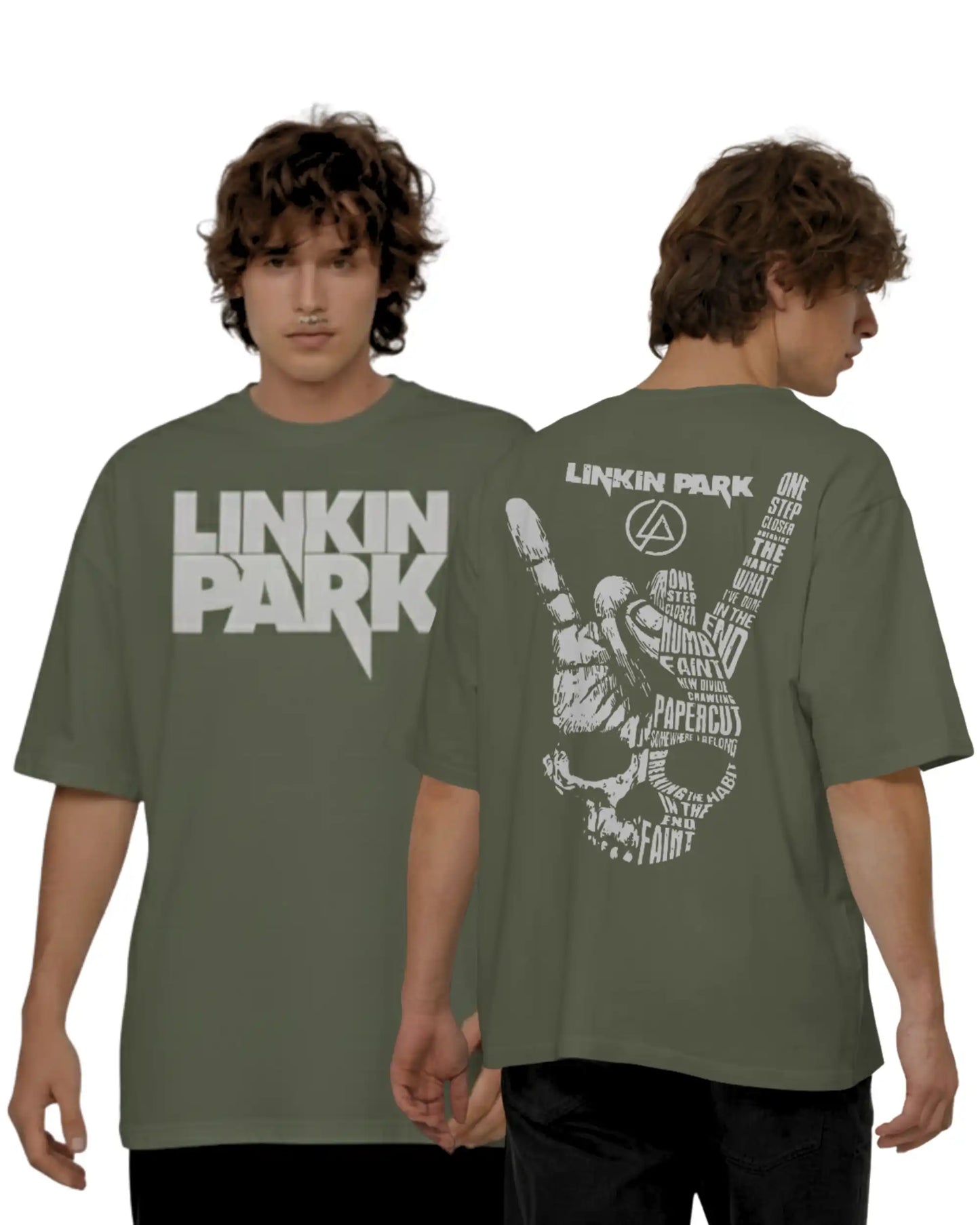 Linkin Park olive green oversized rock band t shirt 240 GSM heavyweight cotton front and back graphic AWBlack