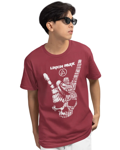 Maroon Linkin Park graphic T-shirt for men in regular and oversized fit with iconic skull hand print design