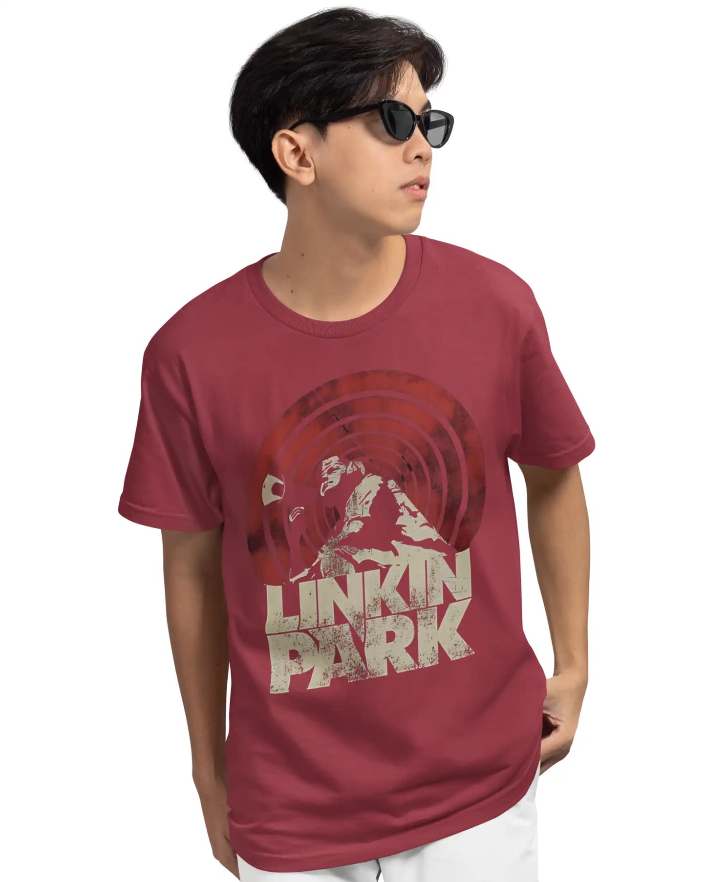 Maroon Linkin Park rock band graphic T-shirt for men – premium cotton music band tee in regular, oversized and plus size fits by AWBlack India