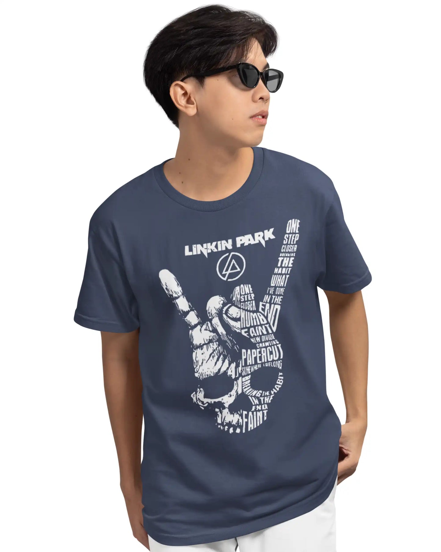 Navy blue Linkin Park graphic T-shirt for men in regular and oversized fit with iconic rock band print