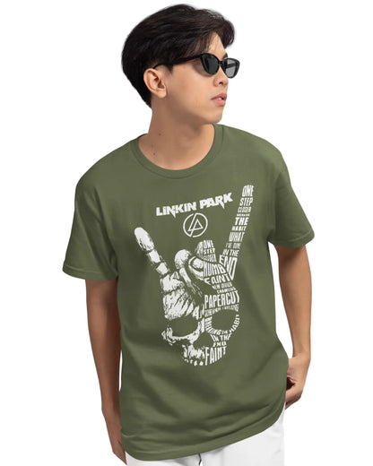 Olive green Linkin Park graphic T-shirt for men in regular and oversized fit with iconic rock band print