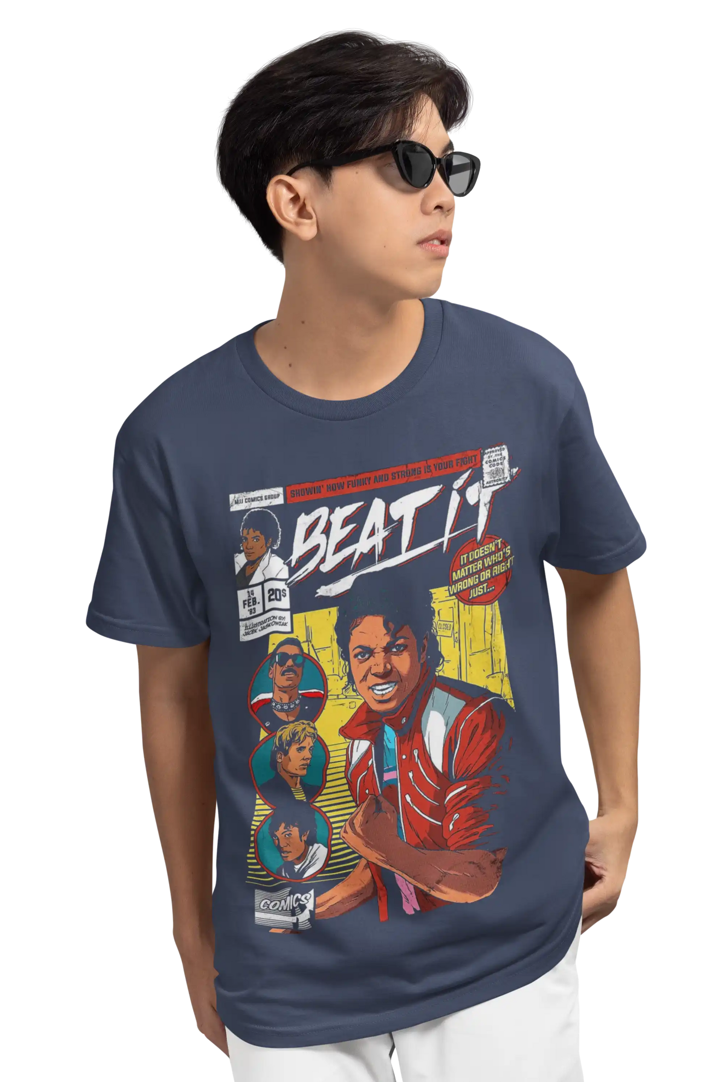 AWBlack Michael Jackson 'Beat It' Vintage Comic Book Music Graphic T-Shirt for Men | Premium 180 GSM 100% Cotton Printed Black Tee | Regular Fit, Oversize Fit & Plus Size Fit