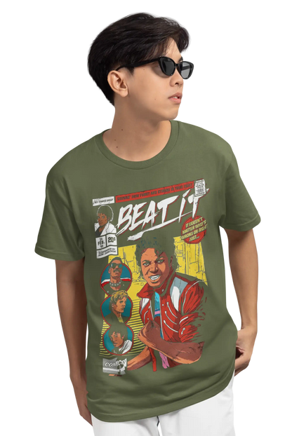 AWBlack Michael Jackson 'Beat It' Vintage Comic Book Music Graphic T-Shirt for Men | Premium 180 GSM 100% Cotton Printed Black Tee | Regular Fit, Oversize Fit & Plus Size Fit