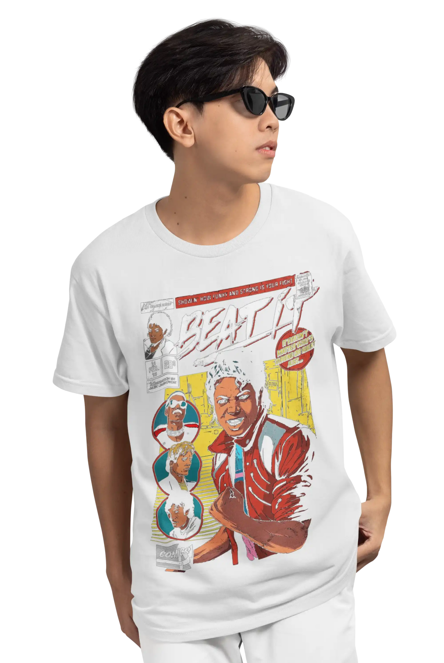 AWBlack Michael Jackson 'Beat It' Vintage Comic Book Music Graphic T-Shirt for Men | Premium 180 GSM 100% Cotton Printed Black Tee | Regular Fit, Oversize Fit & Plus Size Fit