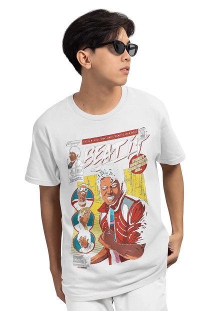 AWBlack Michael Jackson 'Beat It' Vintage Comic Book Music Graphic T-Shirt for Men | Premium 180 GSM 100% Cotton Printed Black Tee | Regular Fit, Oversize Fit & Plus Size Fit