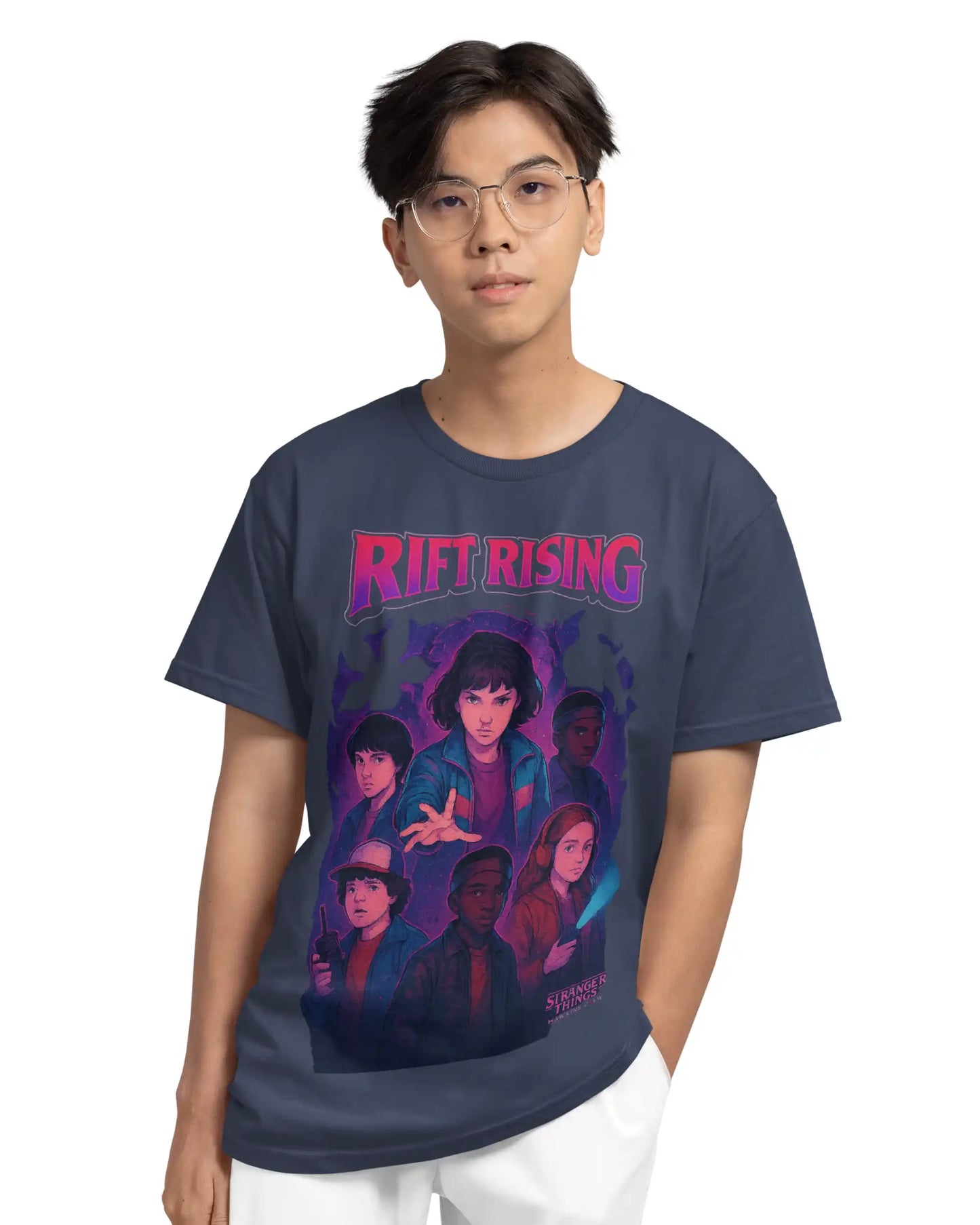 Stranger Things Hawkins Crew Multi-Fit T-Shirt | Rift Rising Graphic Tee | Regular, Oversized & Plus Size | 180 GSM | S–7XL