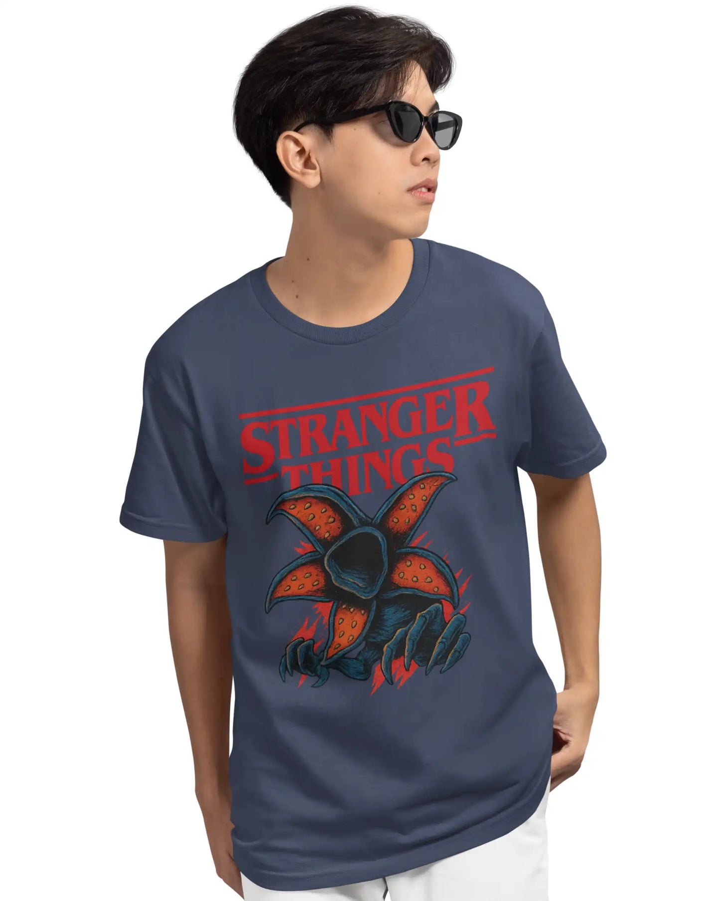 Premium navy blue plus size tshirt with Stranger Things Demogorgon graphic, made from heavy 180 GSM cotton, available in multi-fit oversized sizes S to 7XL.