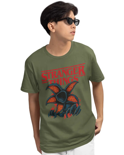 Olive green plus size tshirt with Stranger Things Demogorgon print, premium 180 GSM cotton graphic tee for men, available in multi-fit oversized sizes up to 7XL.