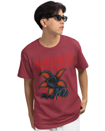 Stranger Things Demogorgon plus size tshirt in maroon, premium 180 GSM cotton graphic tee for men and women, available in oversized multi-fit sizes up to 7XL.