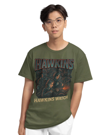 Stranger Things Plus-Size Hawkins Watch T-Shirt | 180 GSM Multi-Fit Graphic Tee S–7XL | AWBlack