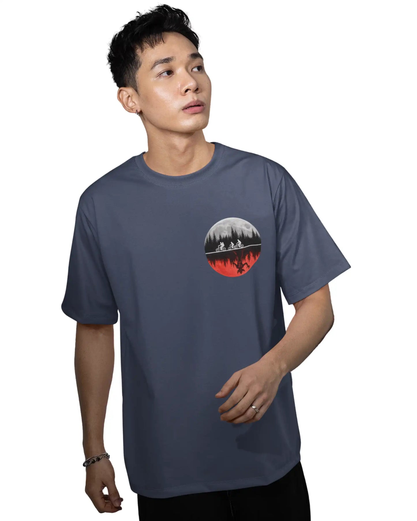 Gray Stranger Things plus size tshirt with oversized fit, Upside Down moon and forest graphic – AWBlack store fashion