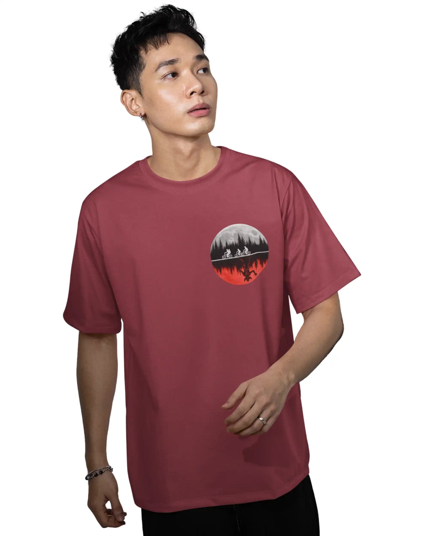 Maroon Stranger Things plus size tshirt with oversized fit, Upside Down moon and forest graphic – AWBlack store fashion