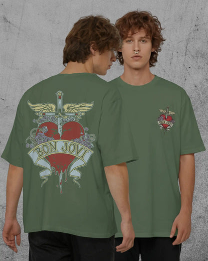 Forest green plus size oversized t-shirt with Bon Jovi graphic design, front and back, modeled by two individuals