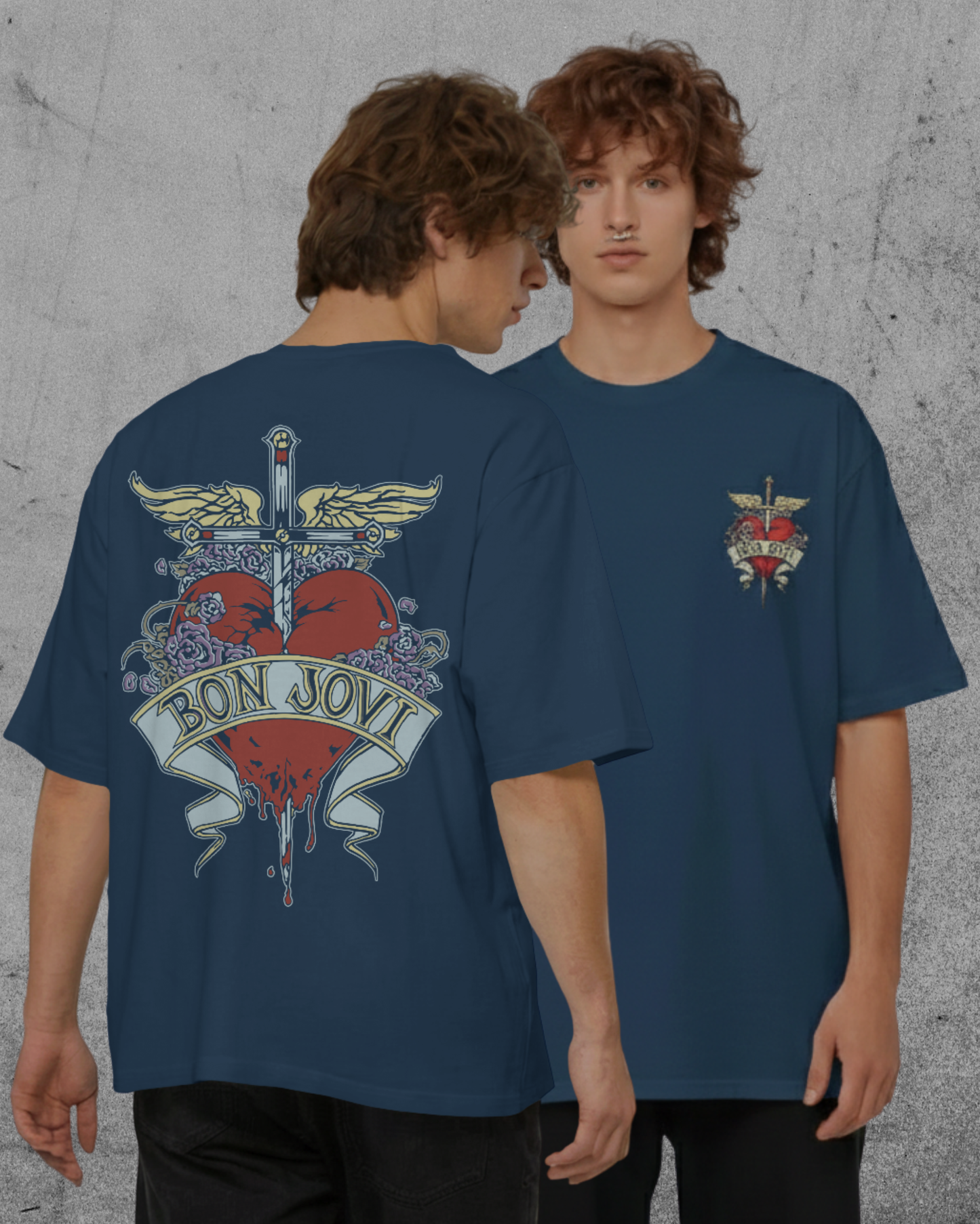 Navy blue plus size oversized t-shirt with Bon Jovi graphic design, front and back, modeled by two individuals