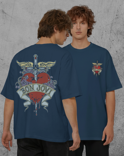 Navy blue plus size oversized t-shirt with Bon Jovi graphic design, front and back, modeled by two individuals