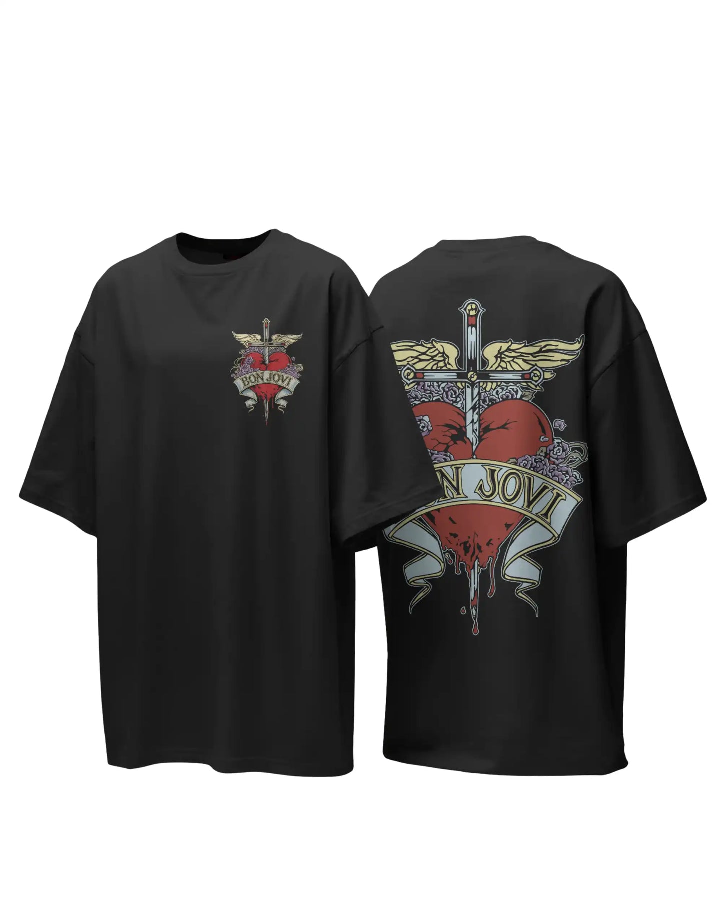 Black plus size oversized t-shirt with Jon Bon Jovi graphic print, front and back