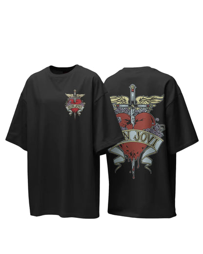 Black plus size oversized t-shirt with Jon Bon Jovi graphic print, front and back