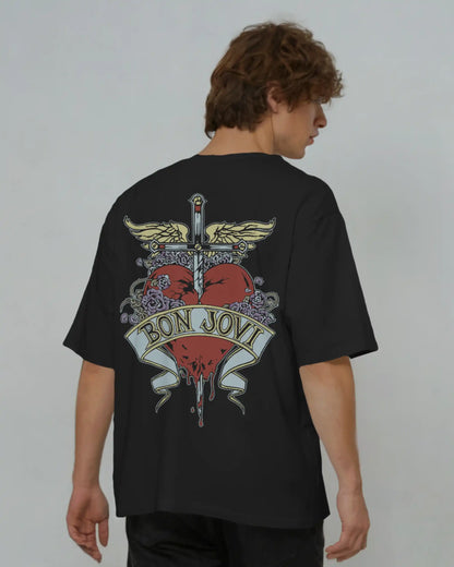 Black plus size oversized t-shirt with Bon Jovi iconic graphic design on the back, modeled against a plain background