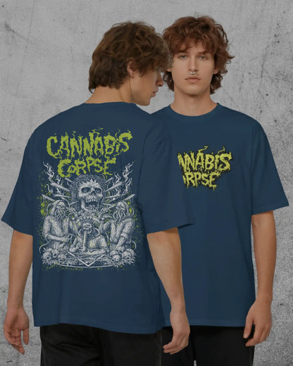 Cannabis Corpse graphic plus size tshirt in navy blue oversized fit – AWBlack 240 GSM