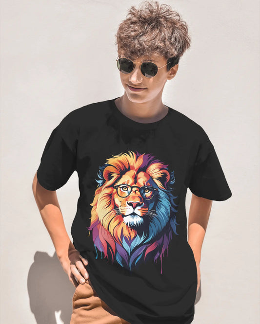 Corporate Roar: AI-Styled Lion in Executive Frames - Premium Black Tshirt