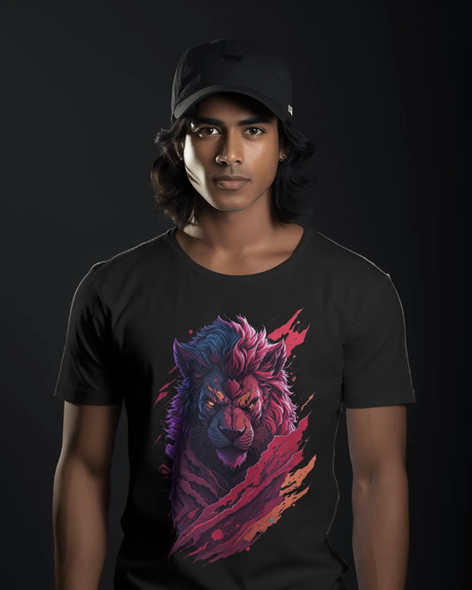 Crimson Fury: AI-Crafted Intense Gaze Lion - Premium Black Tshirt