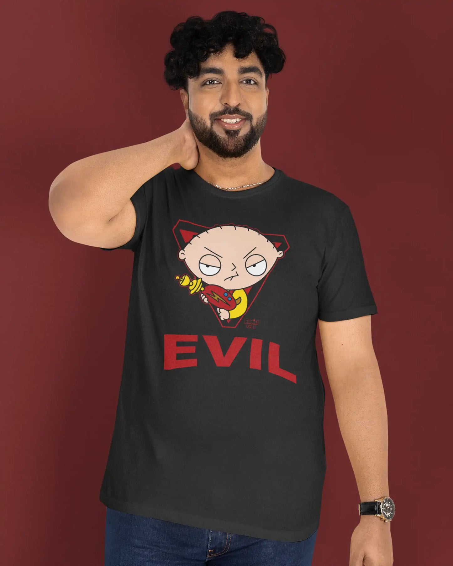 AWBlack Family Guy Stewie Griffin Evil Graphic T-Shirt for Men | Premium 180 GSM 100% Cotton Printed Black Tee | Regular Fit, Oversize Fit & Plus Size Fit