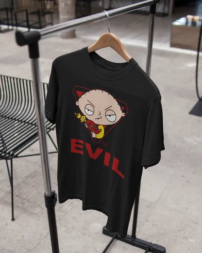 AWBlack Family Guy Stewie Griffin Evil Graphic T-Shirt for Men | Premium 180 GSM 100% Cotton Printed Black Tee | Regular Fit, Oversize Fit & Plus Size Fit