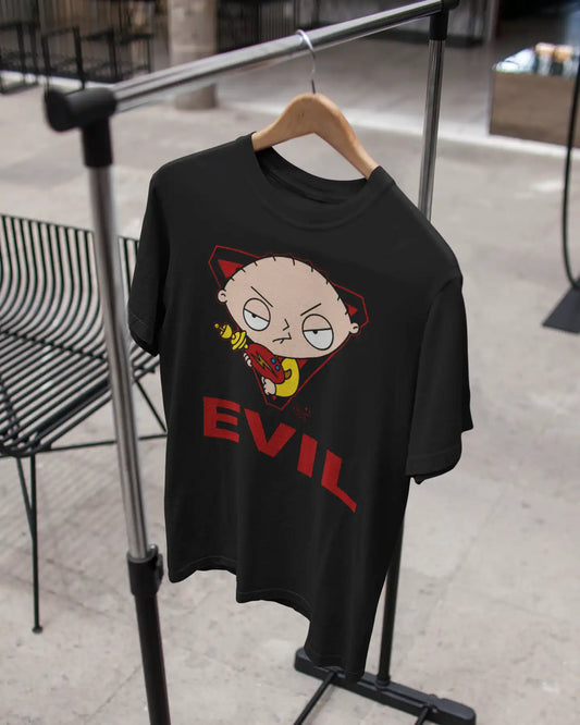 AWBlack Family Guy Stewie Griffin Evil Graphic T-Shirt for Men | Premium 180 GSM 100% Cotton Printed Black Tee | Regular Fit, Oversize Fit & Plus Size Fit