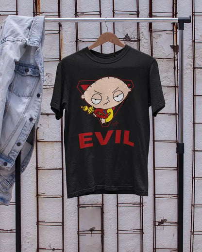 AWBlack Family Guy Stewie Griffin Evil Graphic T-Shirt for Men | Premium 180 GSM 100% Cotton Printed Black Tee | Regular Fit, Oversize Fit & Plus Size Fit