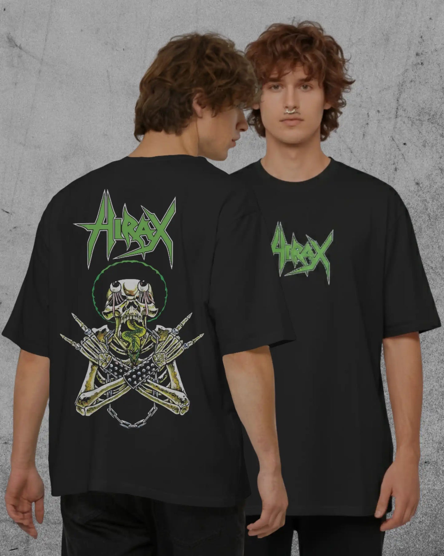 Heavyweight 240GSM black plus size t-shirt featuring Hirax thrash metal graphic, front and back view lifestyle shot.