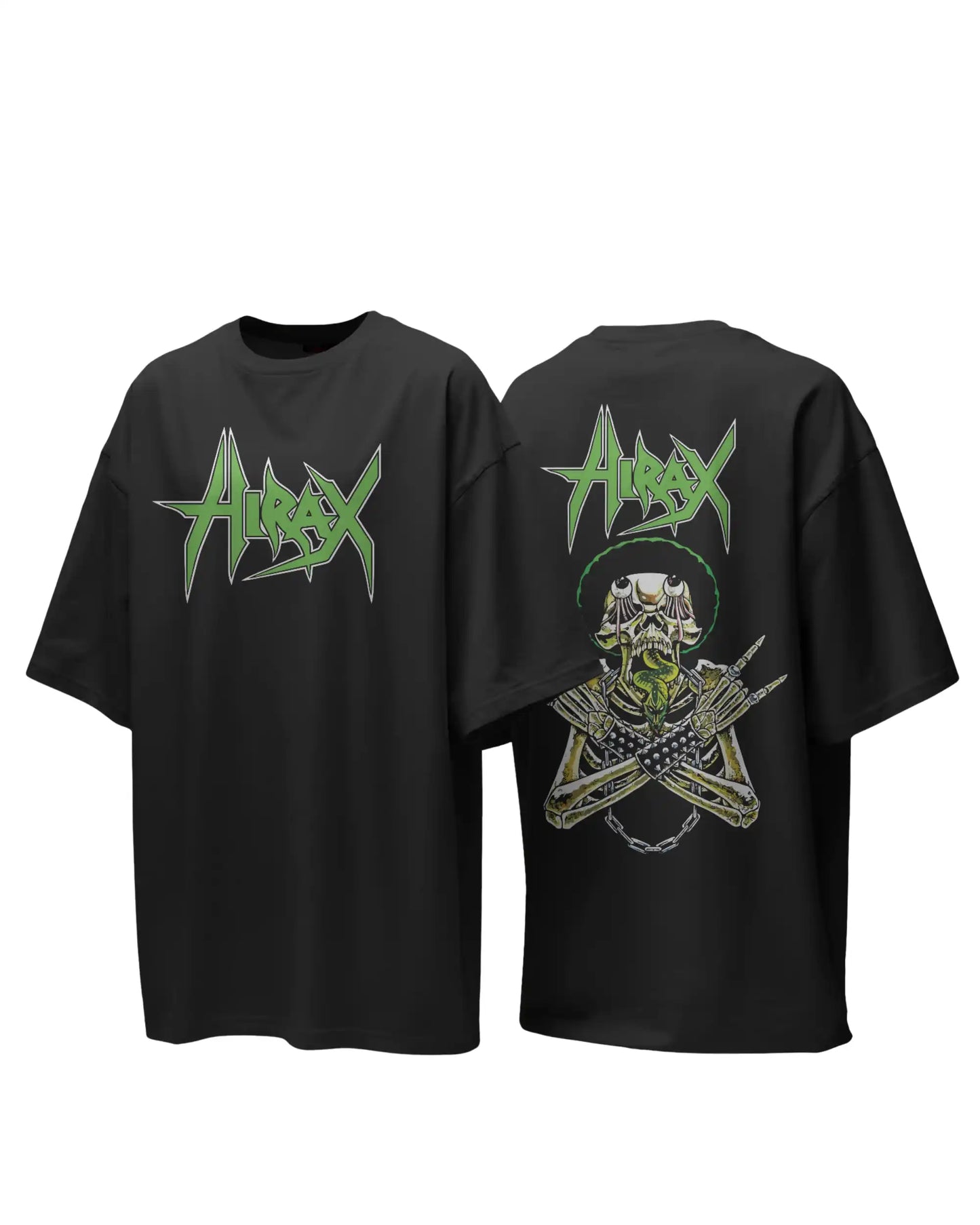 Heavyweight black plus size t-shirt featuring Hirax thrash metal graphic, showing front and back views.
