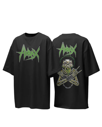 Heavyweight black plus size t-shirt featuring Hirax thrash metal graphic, showing front and back views.