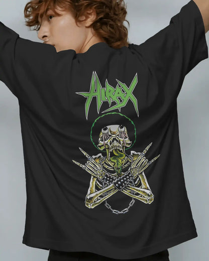 Man from behind wearing heavyweight 240GSM black plus size t-shirt with green Hirax thrash metal skeleton graphic on the back.