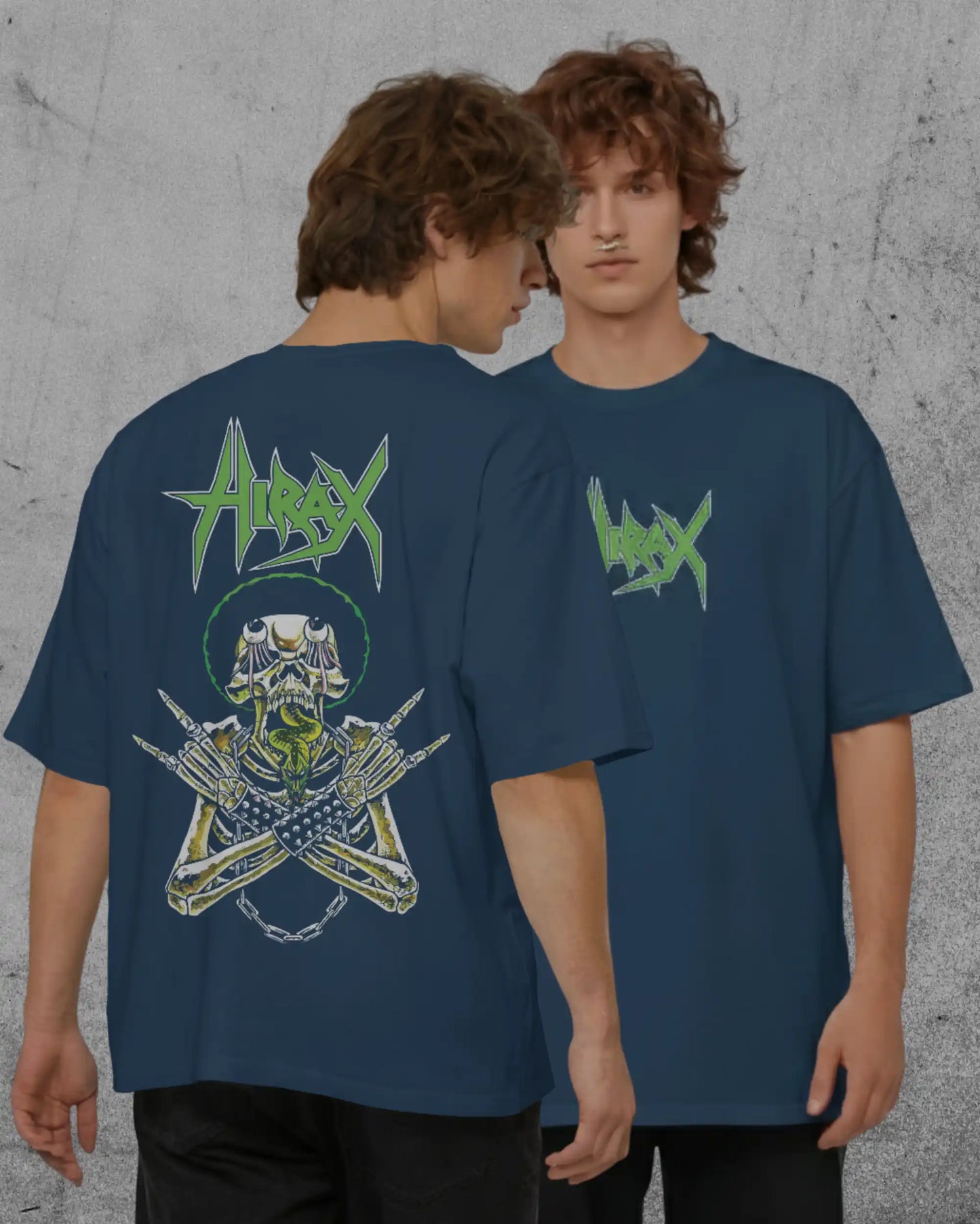 Heavyweight 240GSM navy blue plus size t-shirt with Hirax thrash metal graphic, front and back view lifestyle shot.