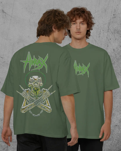Heavyweight 240GSM olive green plus size t-shirt with Hirax thrash metal graphic, front and back view lifestyle shot.
