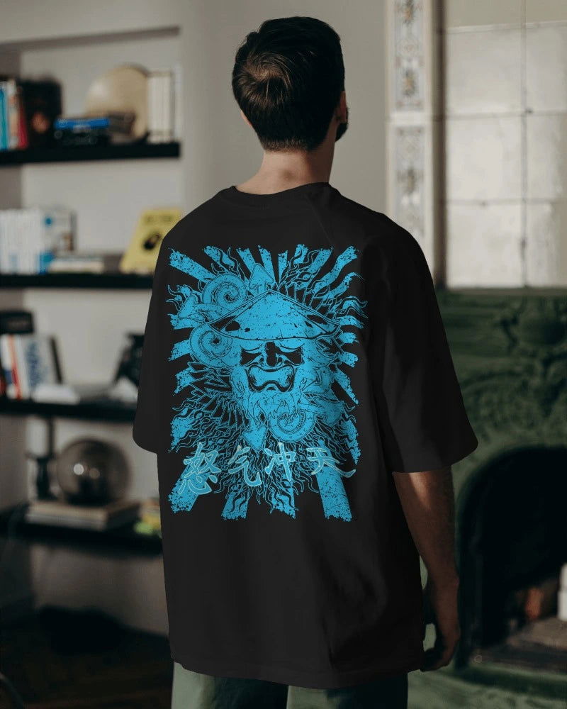 Men-Yorai Capped Samurai Mask - Premium Oversized T-shit - AWBlack