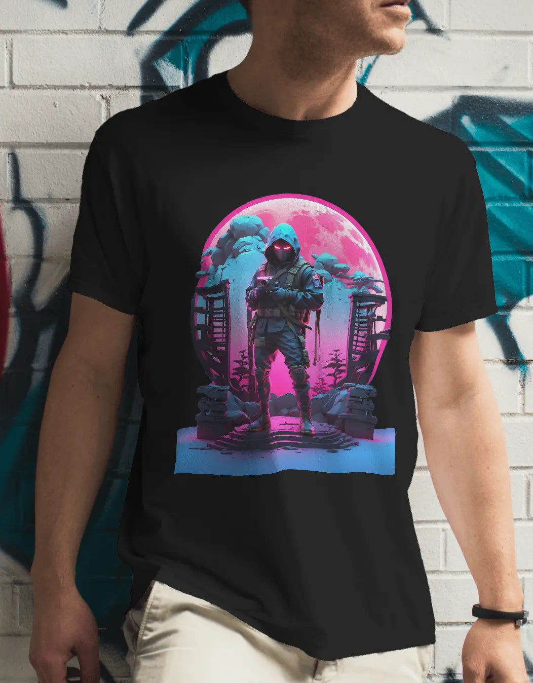Midnight Sentinel Stealthy Neon Ninja With Camera - Premium Black Tshirt - AWBlack