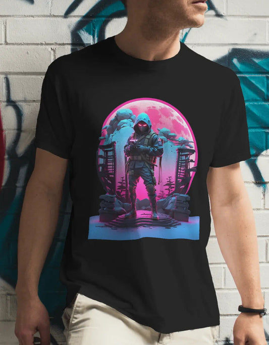 Midnight Sentinel Stealthy Neon Ninja With Camera - Premium Black Tshirt - AWBlack